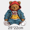 A cute brown teddy bear wearing a red hoodie and blue jacket, sitting down.