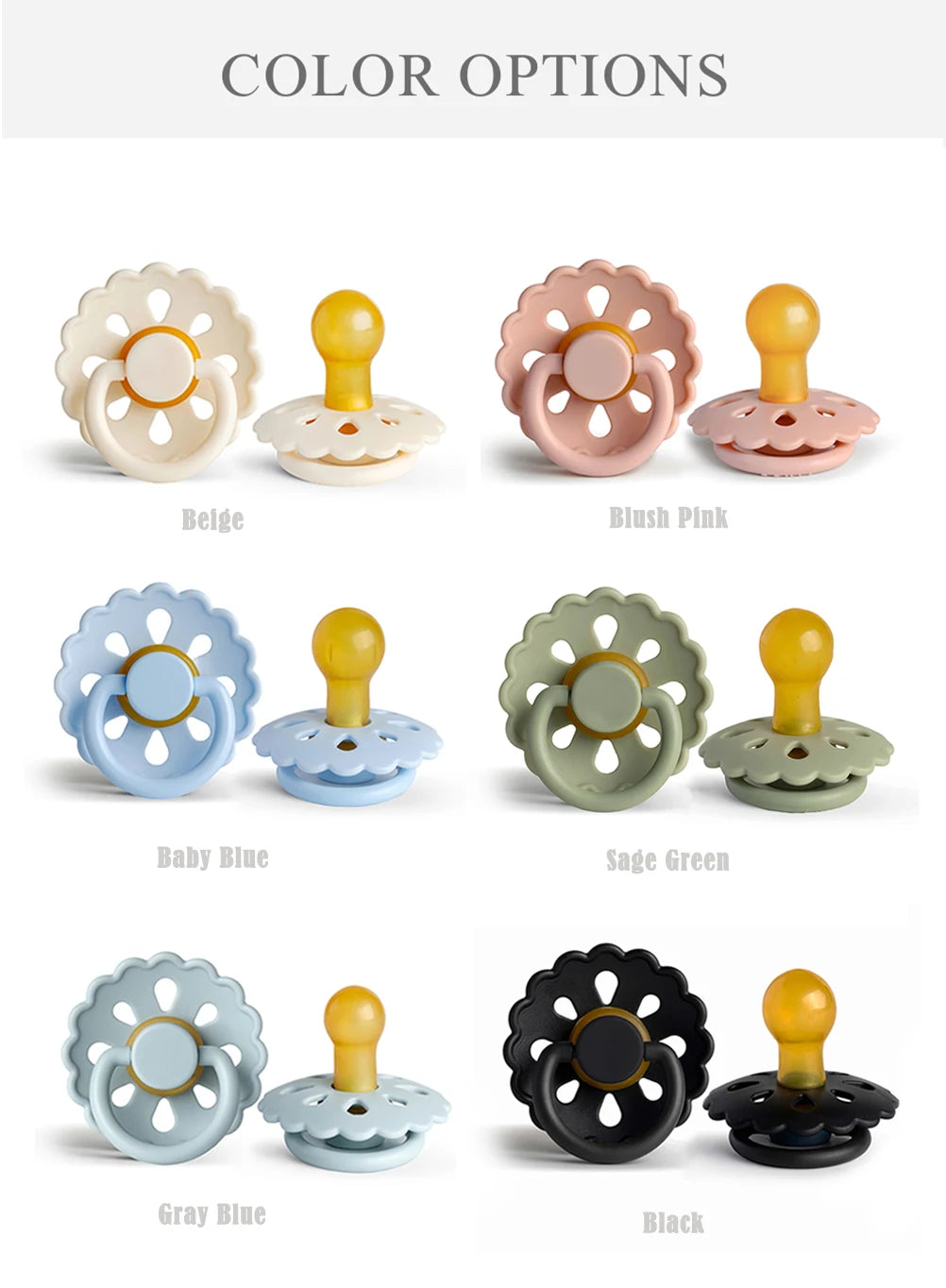 Color options for a natural latex baby pacifier including beige, blush pink, baby blue, sage green, and black.