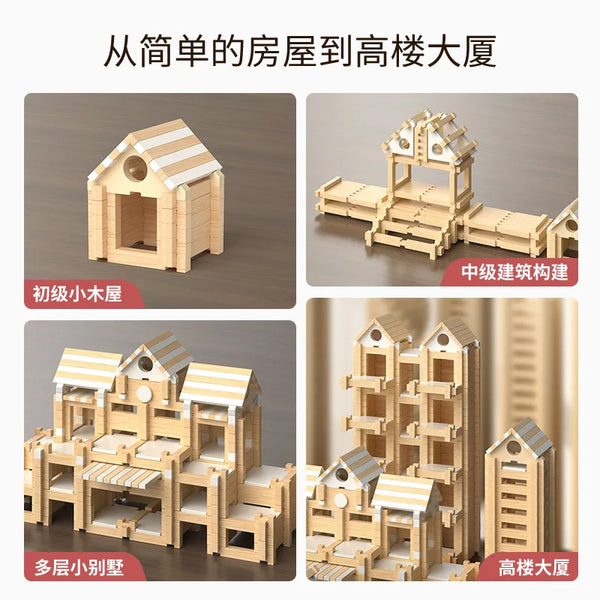 A wooden log cabin building kit showing various levels of construction from a small house to a tall building.