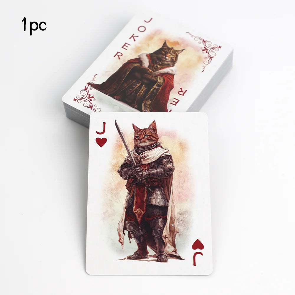 A vintage illustration of a cat playing card, specifically the Jack of Hearts, featuring a detailed feline portrait.