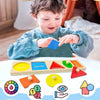 A toddler is interacting with a wooden shape and color sorting puzzle featuring geometric shapes like circle, square, triangl