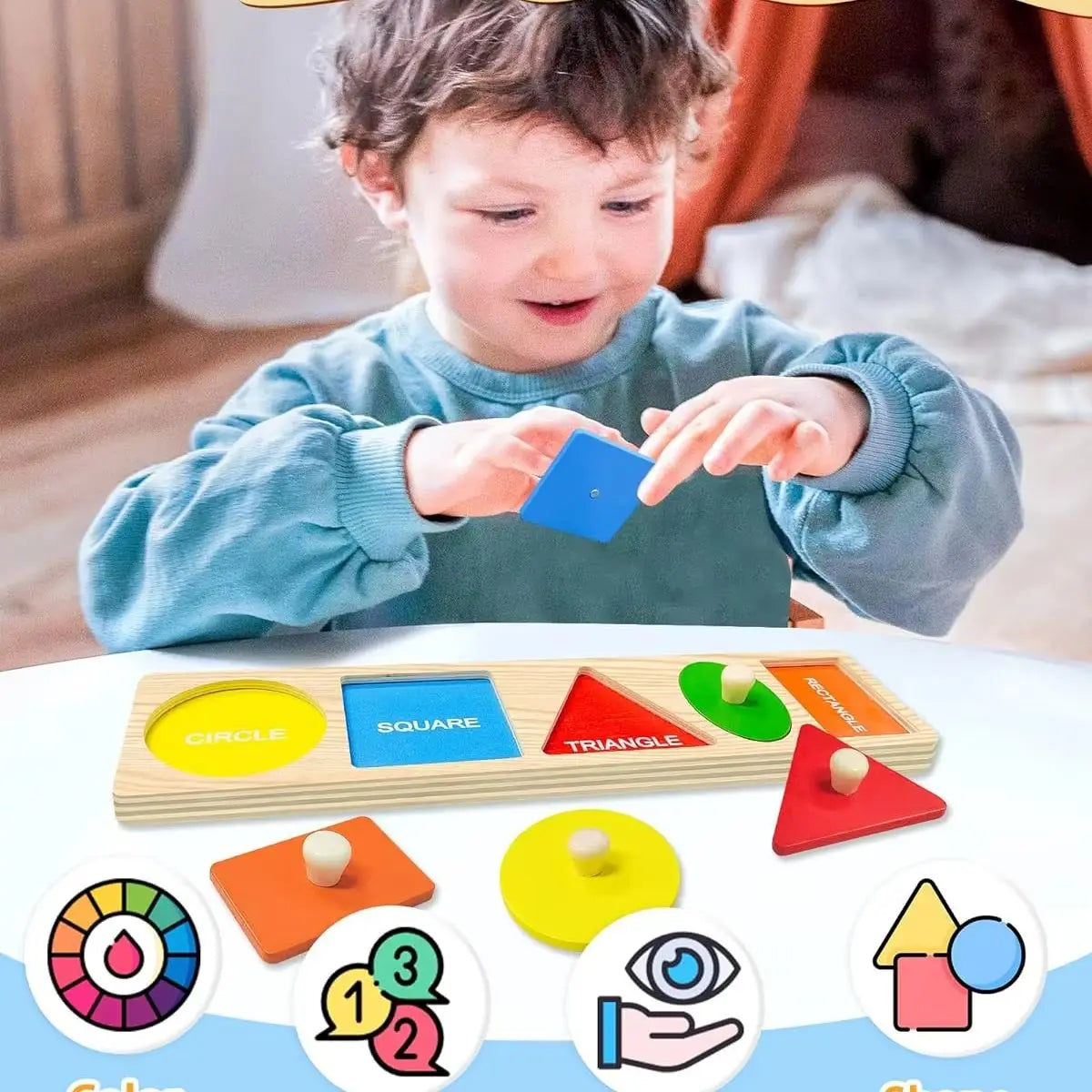 A toddler is interacting with a wooden shape and color sorting puzzle featuring geometric shapes like circle, square, triangl