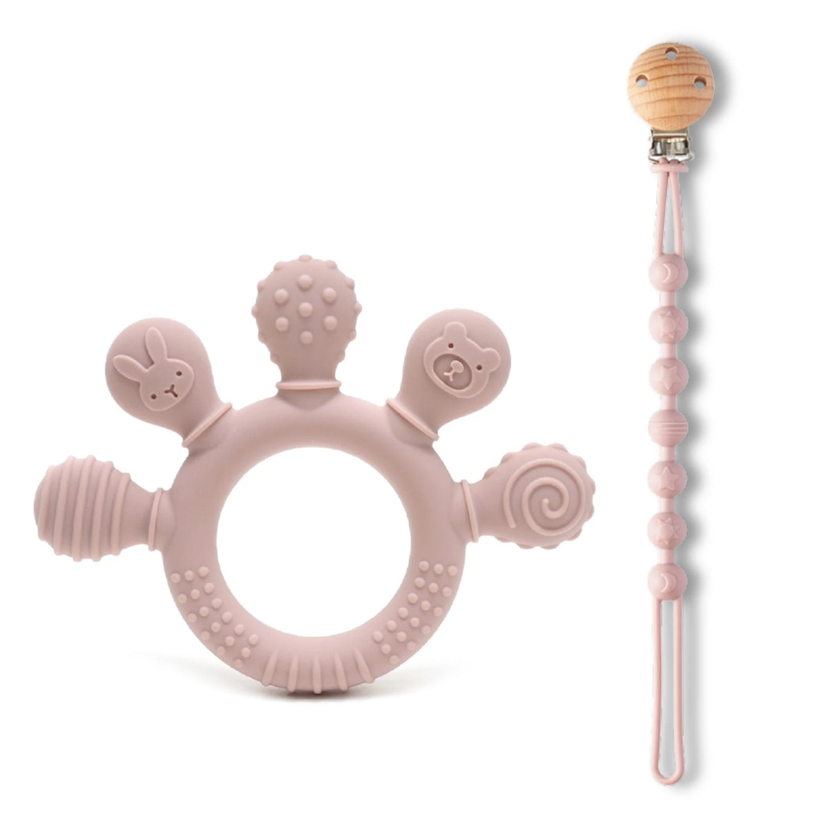 A pink silicone baby teether with chew beads and a string for soothing gum relief.