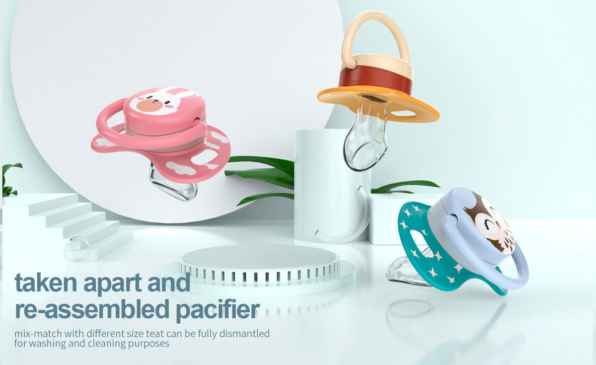 A set of silicone pacifiers and teats shown with a disassembled component and reassembled version on a white surface.