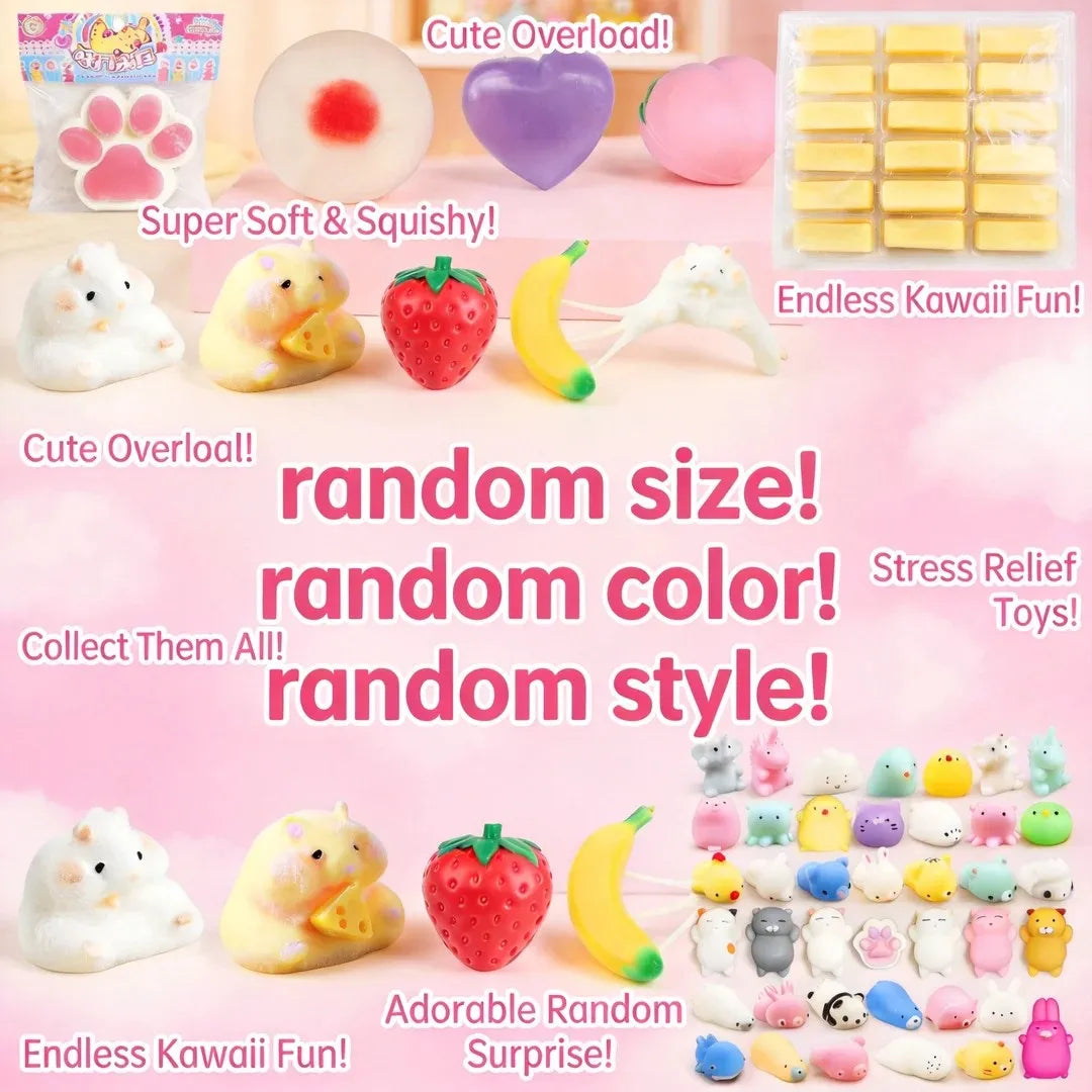A collection of various soft, squishy toys including a pink paw print, a white cat, a purple heart, and various food-shaped i