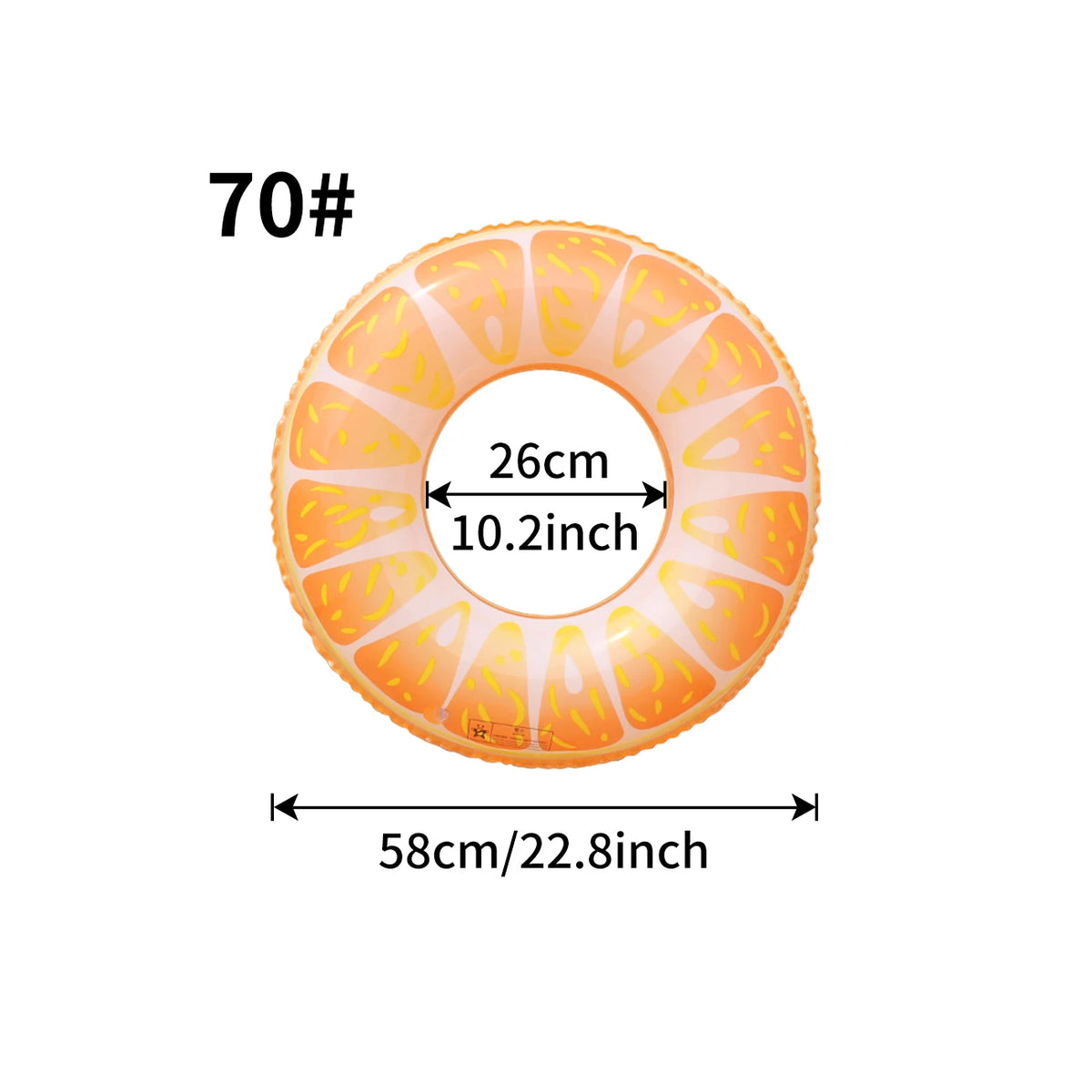 Orange fruit-inspired inflatable pool float ring with dimensions 26cm (10.2inch) and a diameter of 58cm (22.8inch).
