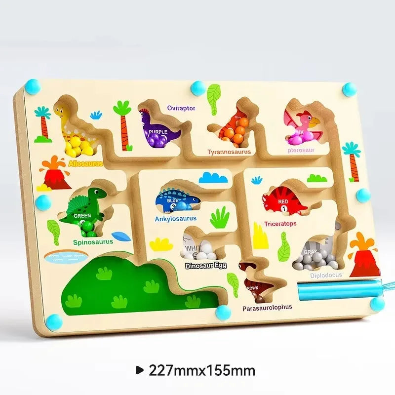 A wooden magnetic color sorting maze puzzle board featuring dinosaur figures and various colored pathways for toddlers