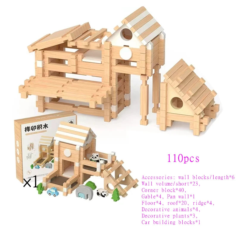 A wooden log cabin building kit featuring pre-cut blocks and accessories for construction.