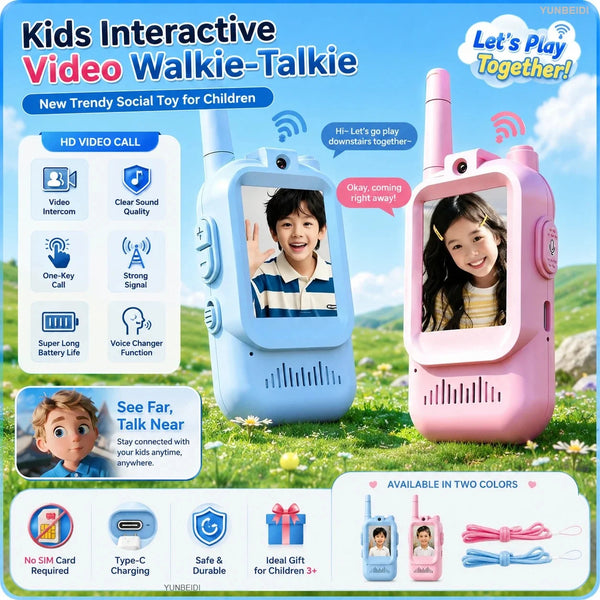 A set of pink and blue kids video walkie-talkies with HD video intercom features for children