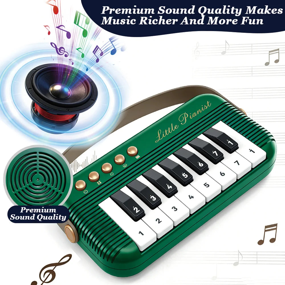 A green mini piano keyboard with white keys and a speaker is shown, emphasizing premium sound quality for music fun.