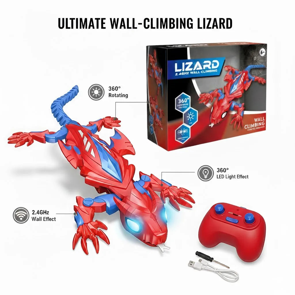 A red and blue lizard-shaped wall-climbing robot toy with a remote control and charging cable.