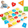 Wooden shape and color sorting puzzle with various colored wooden shapes for toddlers