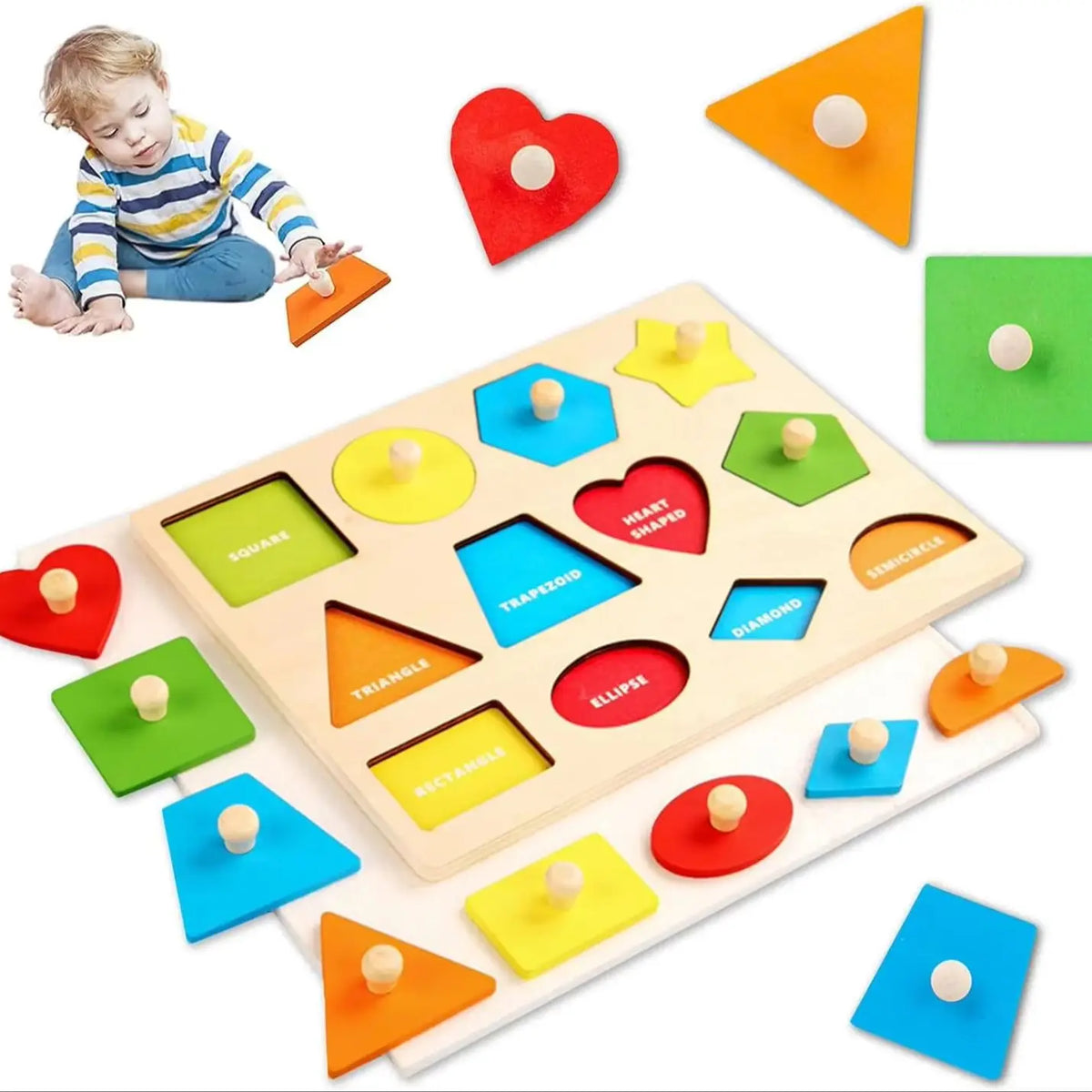 Wooden shape and color sorting puzzle with various colored wooden shapes for toddlers