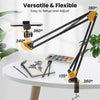 A flexible gooseneck arm tripod with a phone mount is shown in various angles, demonstrating 180-degree flexibility and 360-d