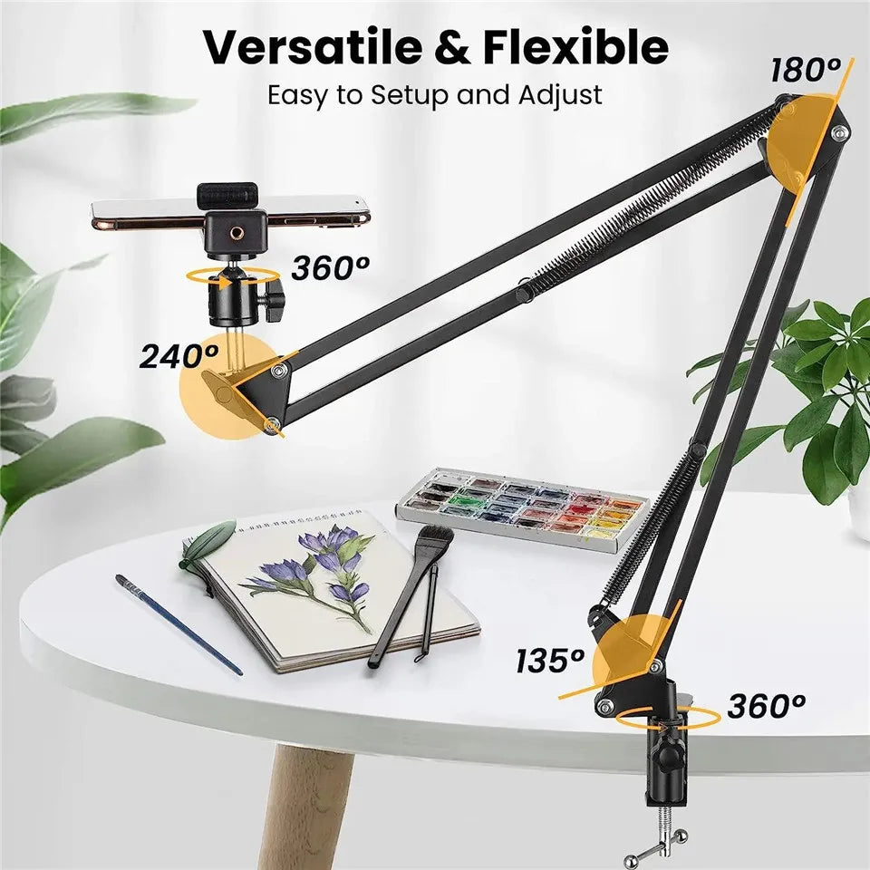 A flexible gooseneck arm tripod with a phone mount is shown in various angles, demonstrating 180-degree flexibility and 360-d