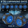 An 8-in-1 spinning dice set featuring various polyhedral dice sizes including D4, D6, D8, D12, D10, and D100, shown alongside