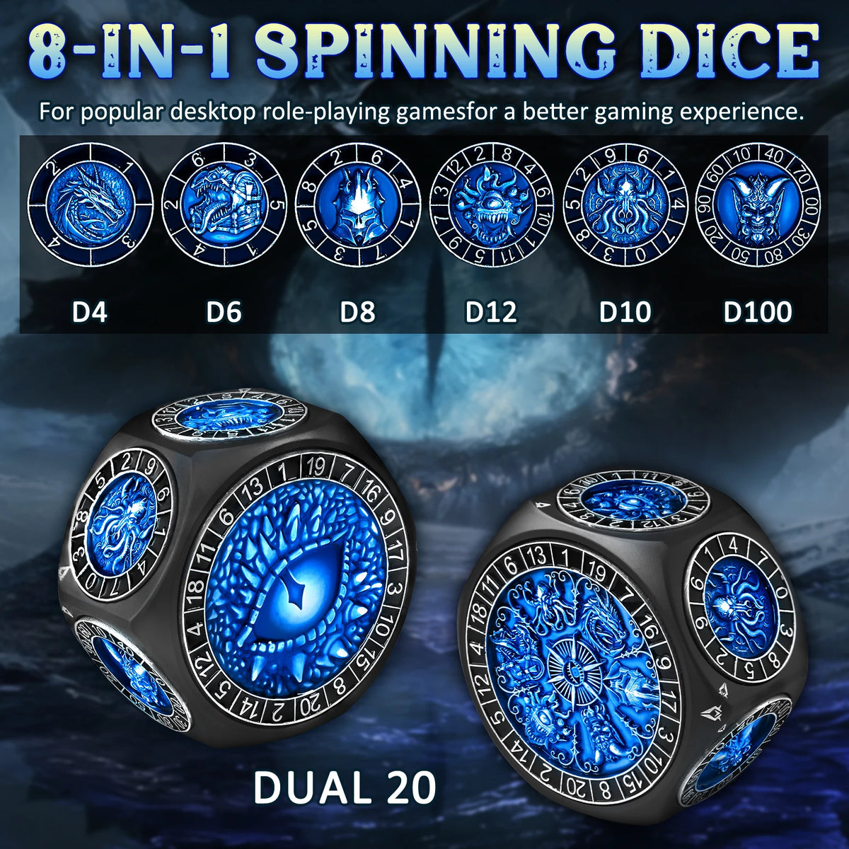 An 8-in-1 spinning dice set featuring various polyhedral dice sizes including D4, D6, D8, D12, D10, and D100, shown alongside