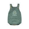 A sage green knit baby romper with a white Christmas tree embroidery and small buttons.