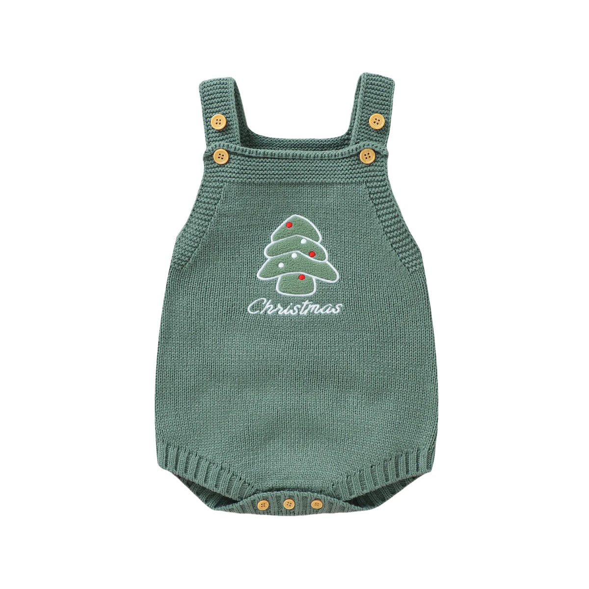A sage green knit baby romper with a white Christmas tree embroidery and small buttons.