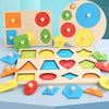 A wooden shape and color sorting puzzle featuring various geometric shapes in bright colors like red, yellow, green, and blue