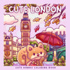 A colorful illustration featuring a cute London cityscape with a clock tower and trees, designed for a coloring book.