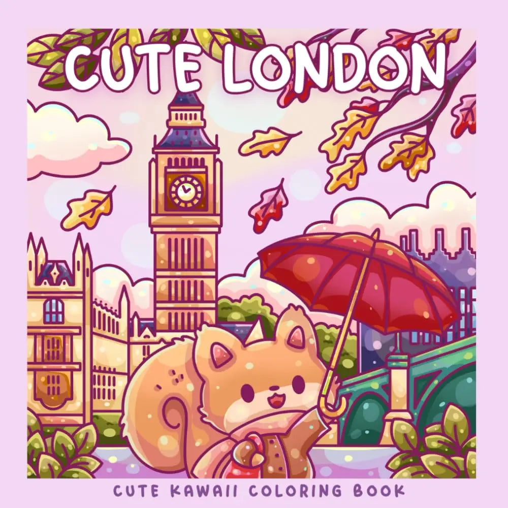 A colorful illustration featuring a cute London cityscape with a clock tower and trees, designed for a coloring book.