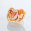 A set of six interchangeable silicone pacifier teats in orange and cream colors.