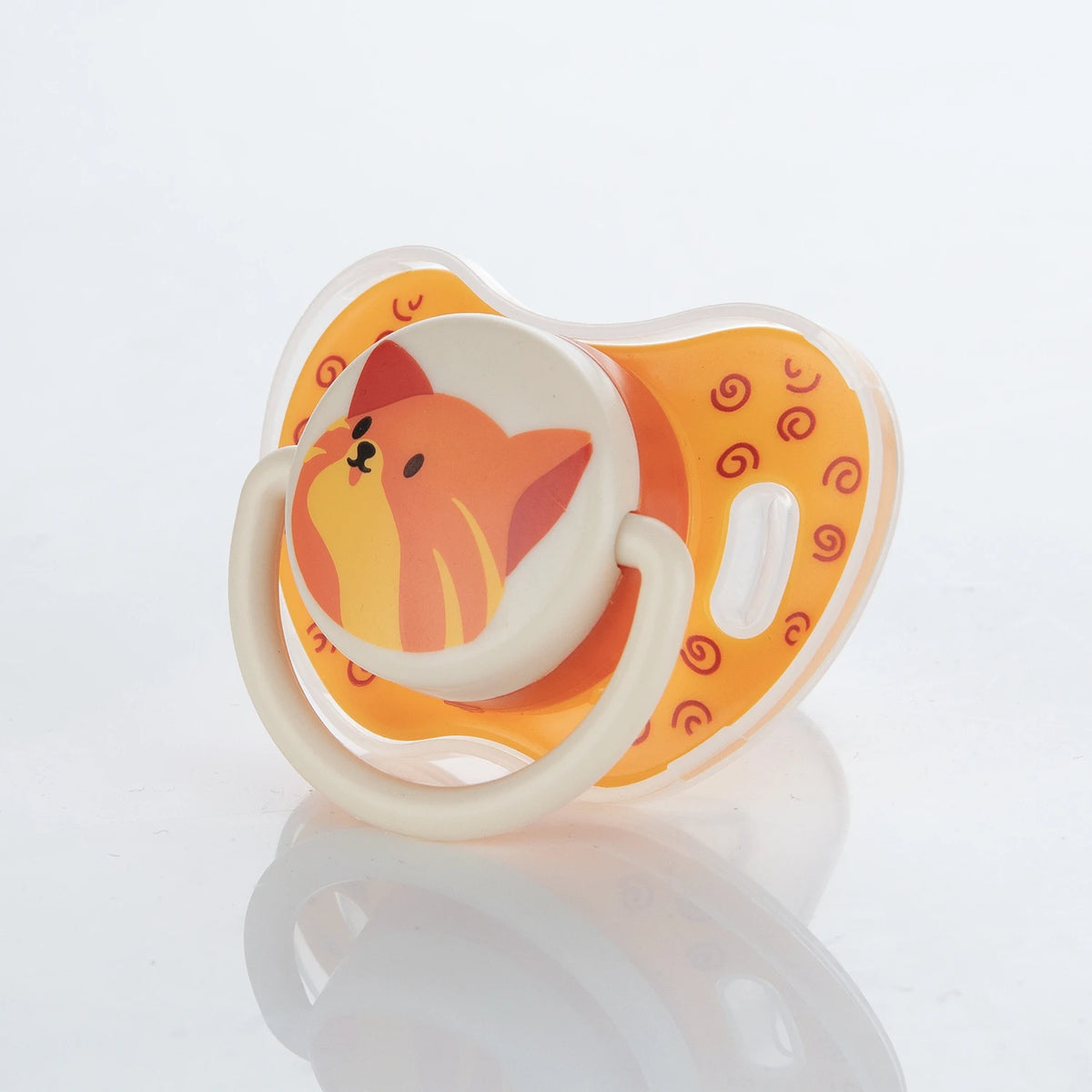 A set of six interchangeable silicone pacifier teats in orange and cream colors.