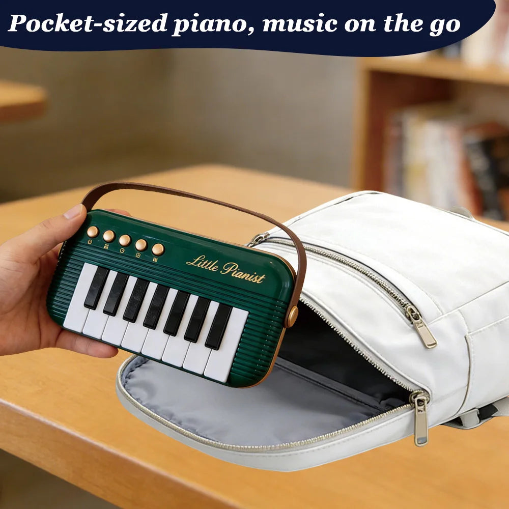 A hand holds a pocket-sized green mini piano keyboard, which is stored inside a white zippered pouch.