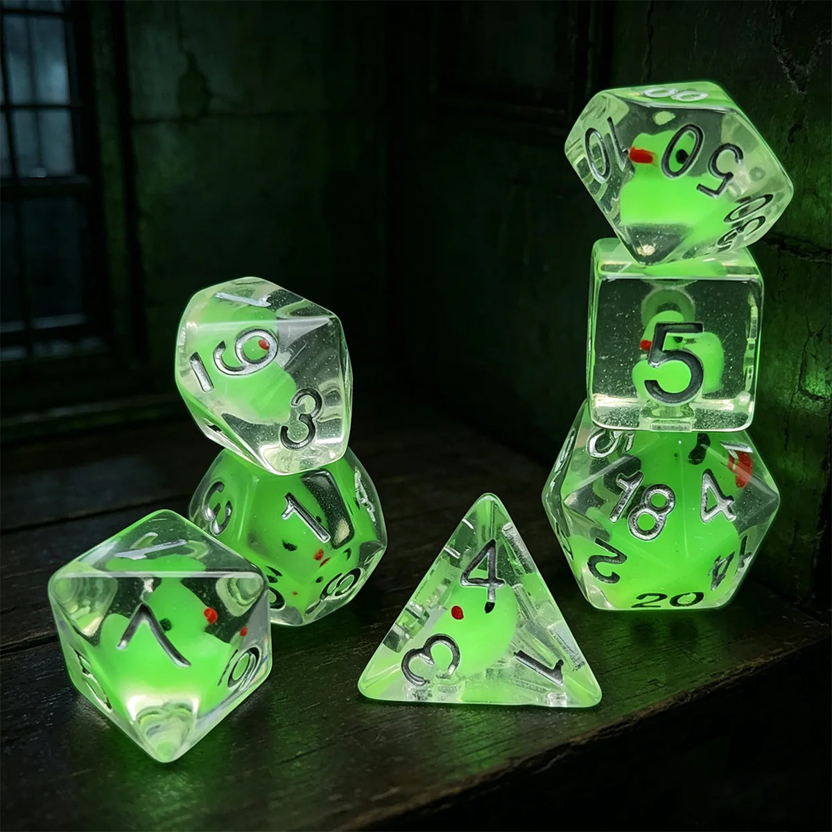 Glow-in-the-Dark Duck Polyhedral Dice Set – 7 Piece RPG Dice for Tabletop Games