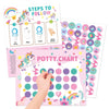 A set of potty training reward sticker charts and steps for toddlers featuring colorful illustrations and stickers.