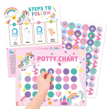 A set of potty training reward sticker charts and steps for toddlers featuring colorful illustrations and stickers.