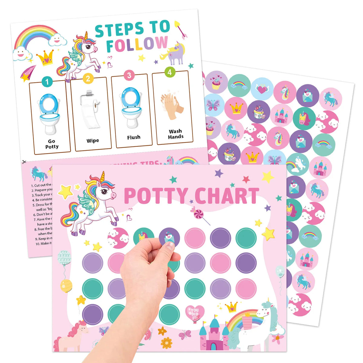 A set of potty training reward sticker charts and steps for toddlers featuring colorful illustrations and stickers.
