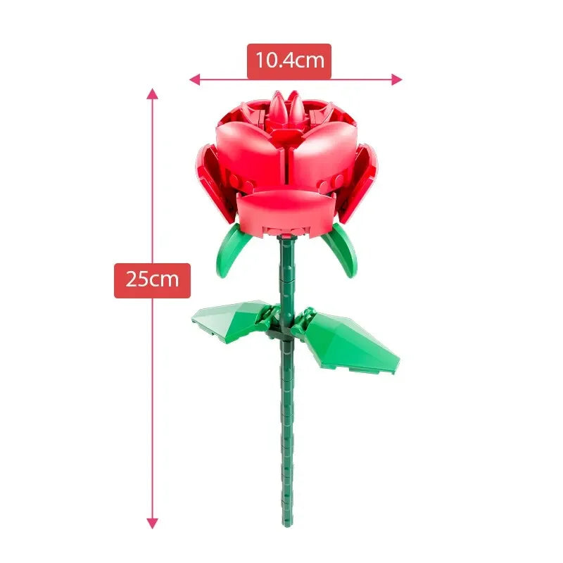 A red floral bouquet building block set with a green stem and leaves, showing its dimensions.
