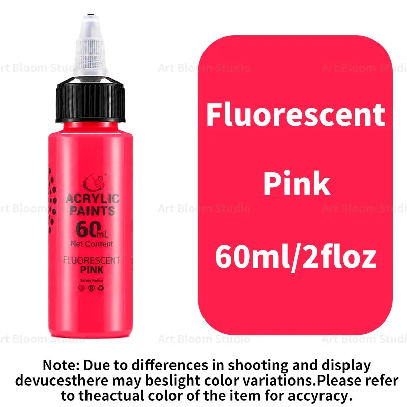 A bottle of fluorescent pink acrylic paint, 60ml, with a label indicating fluorescent pink color.