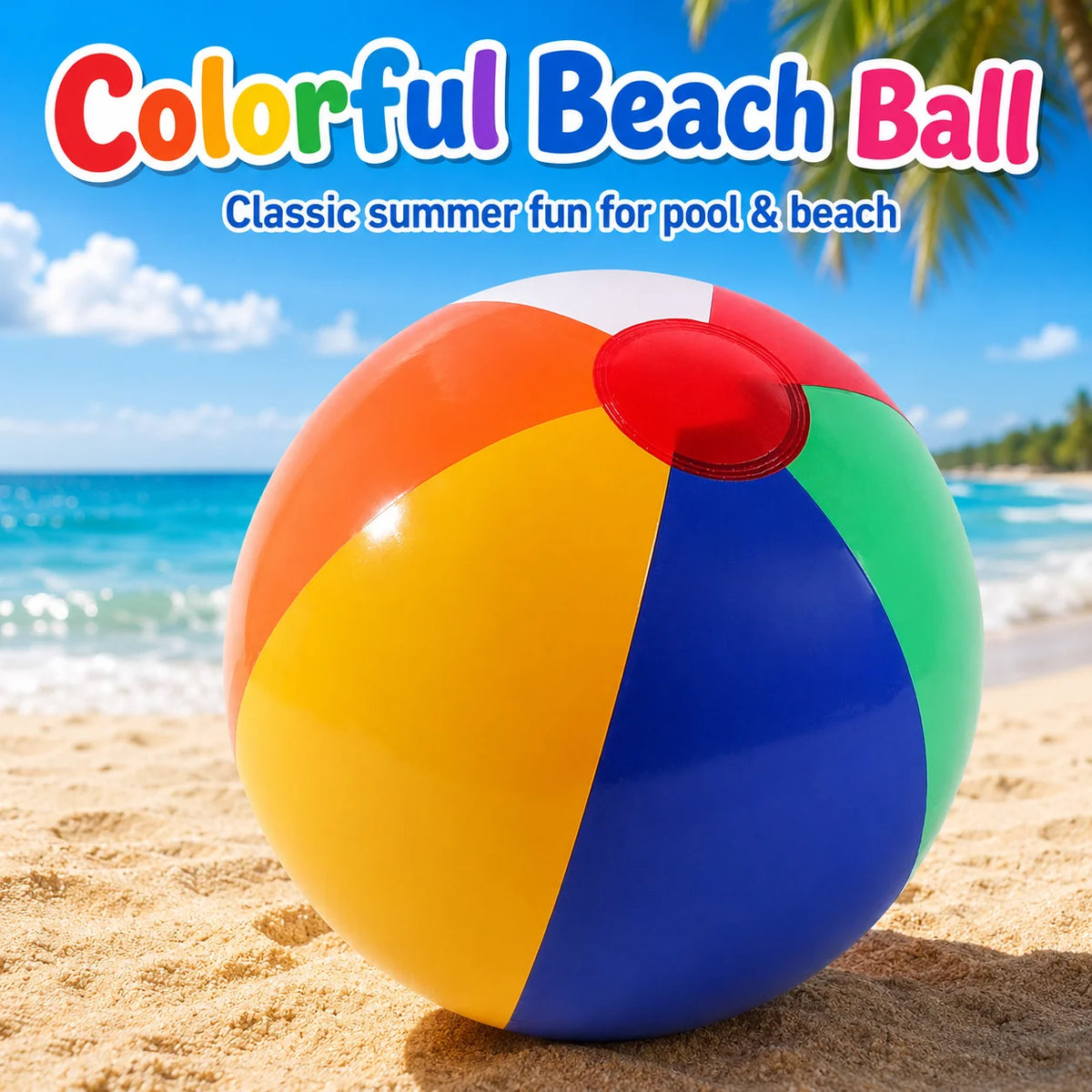 A colorful beach ball with red, yellow, blue, and green sections resting on sandy beach ground.