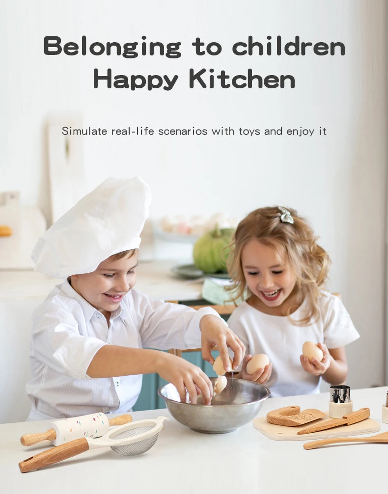 Wooden Kids Safe Knife Set with Baking Tools for Little Chefs