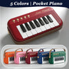 Five colored pocket piano keyboards displayed in a row on a white background.