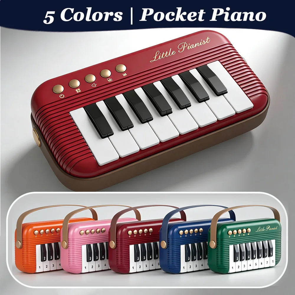 Five colored pocket piano keyboards displayed in a row on a white background.