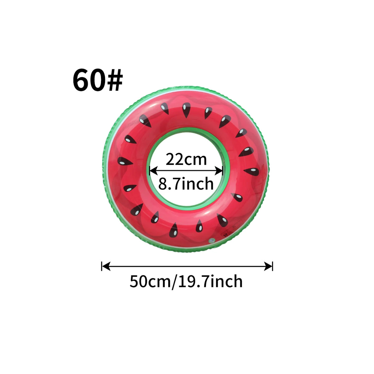 A red fruit-shaped inflatable pool float ring with a hole and a measurement of 22cm or 8.7 inches.