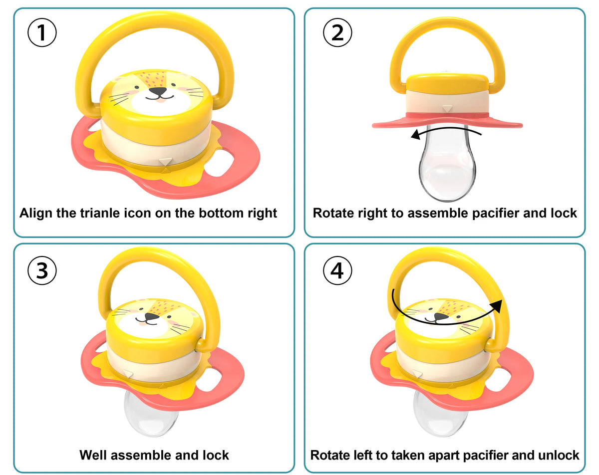 Instructions for assembling and disassembling a baby pacifier set with silicone teats.
