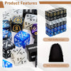 A collection of 63 acrylic dice in various colors and sizes displayed next to a black storage bag.