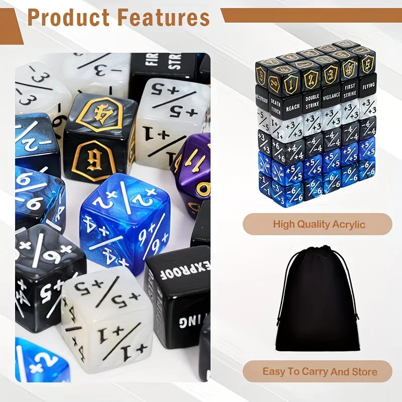 A collection of 63 acrylic dice in various colors and sizes displayed next to a black storage bag.