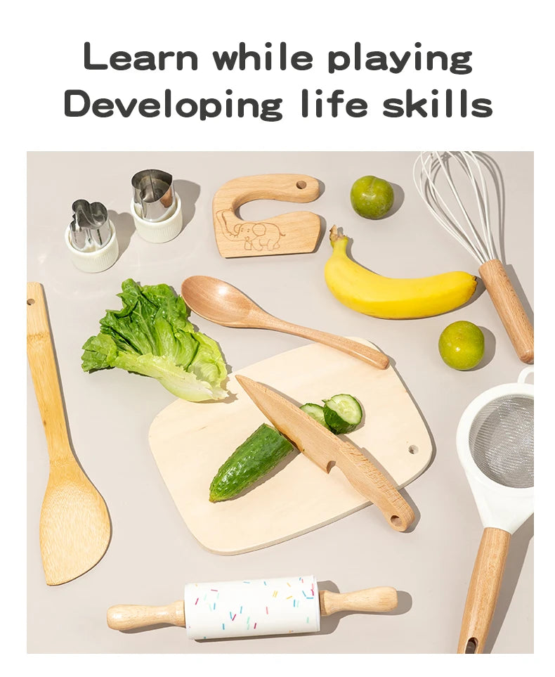 Wooden Kids Safe Knife Set with Baking Tools for Little Chefs
