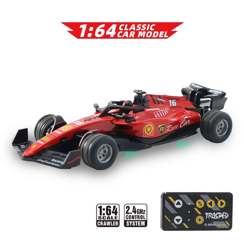 A red 1:64 classic car model racing RC drift car with a black body and wheels.