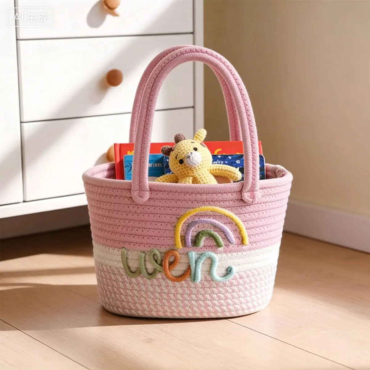A pink braided cotton tote bag decorated with a rainbow design and featuring a yellow stuffed animal.