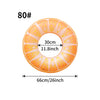 An inflatable pool float ring shaped like an orange, featuring segmented panels and marked dimensions.