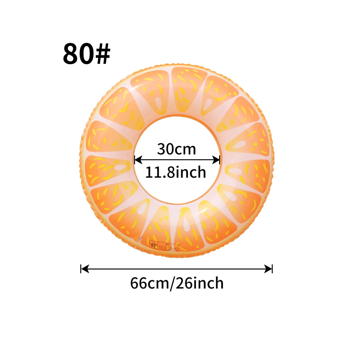 An inflatable pool float ring shaped like an orange, featuring segmented panels and marked dimensions.