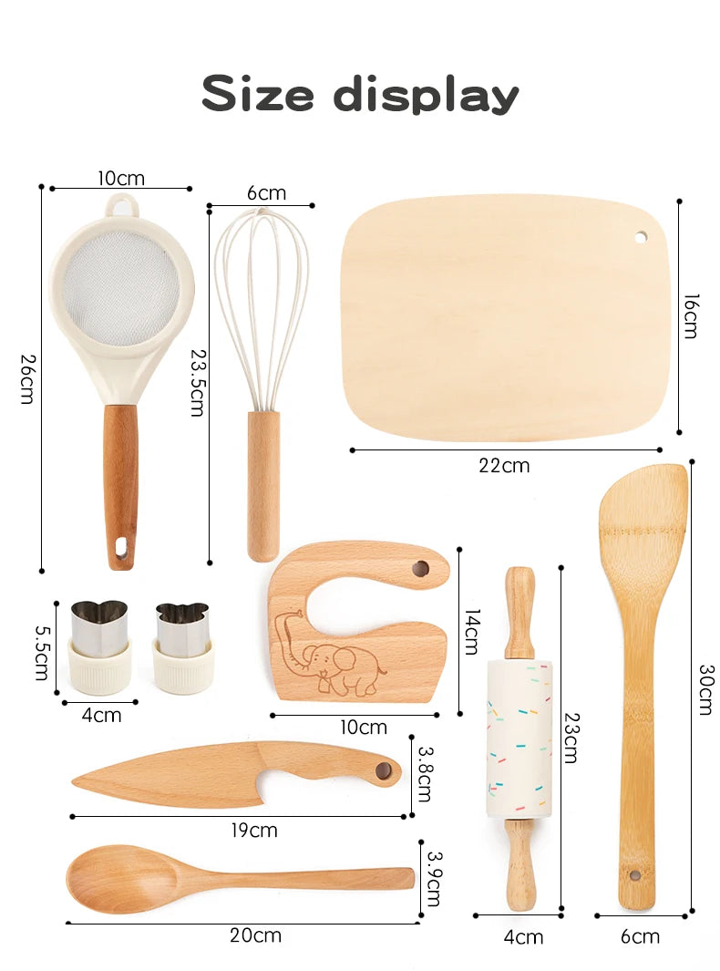 Wooden Kids Safe Knife Set with Baking Tools for Little Chefs