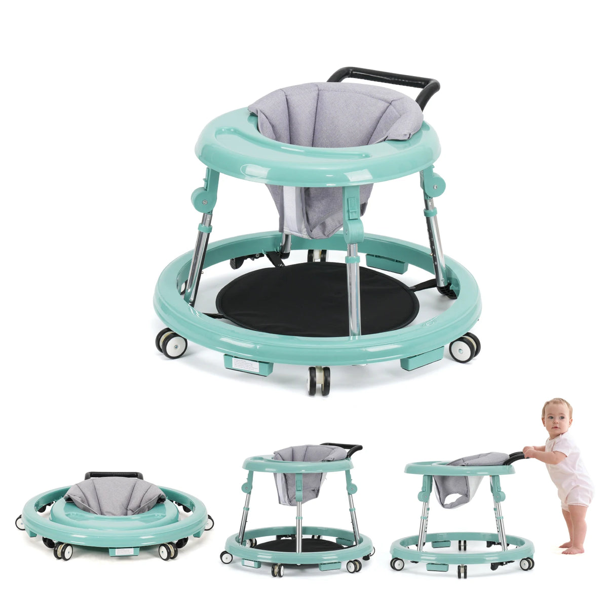 A teal adjustable foldable baby walker with a gray seat and storage basket shown in various configurations.